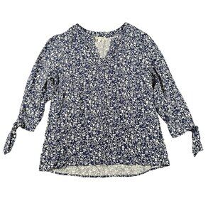 Anne Carson Shirt Womens Medium Blue White Floral 3/4 Sleeve Tie Cuff Blouse Top